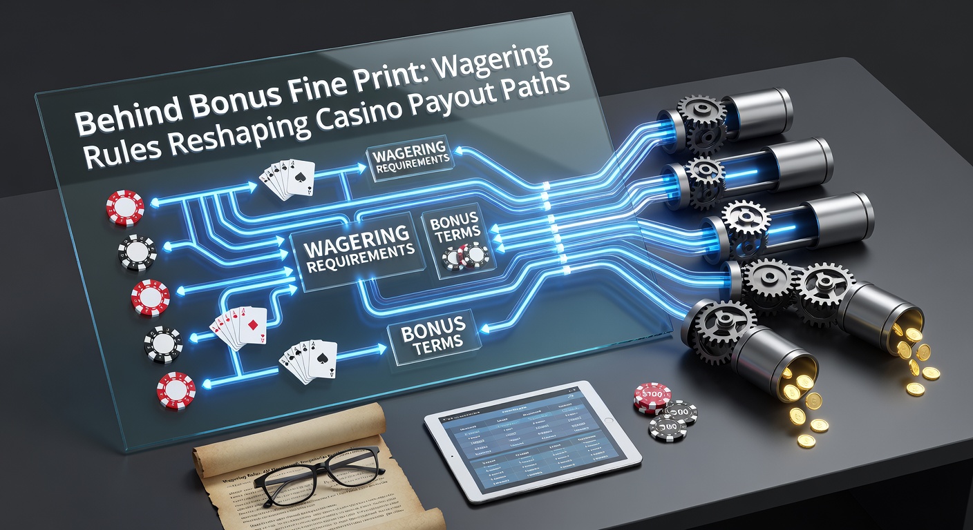 Casino bonus terms document highlighting wagering requirements in fine print, with a magnifying glass over key clauses