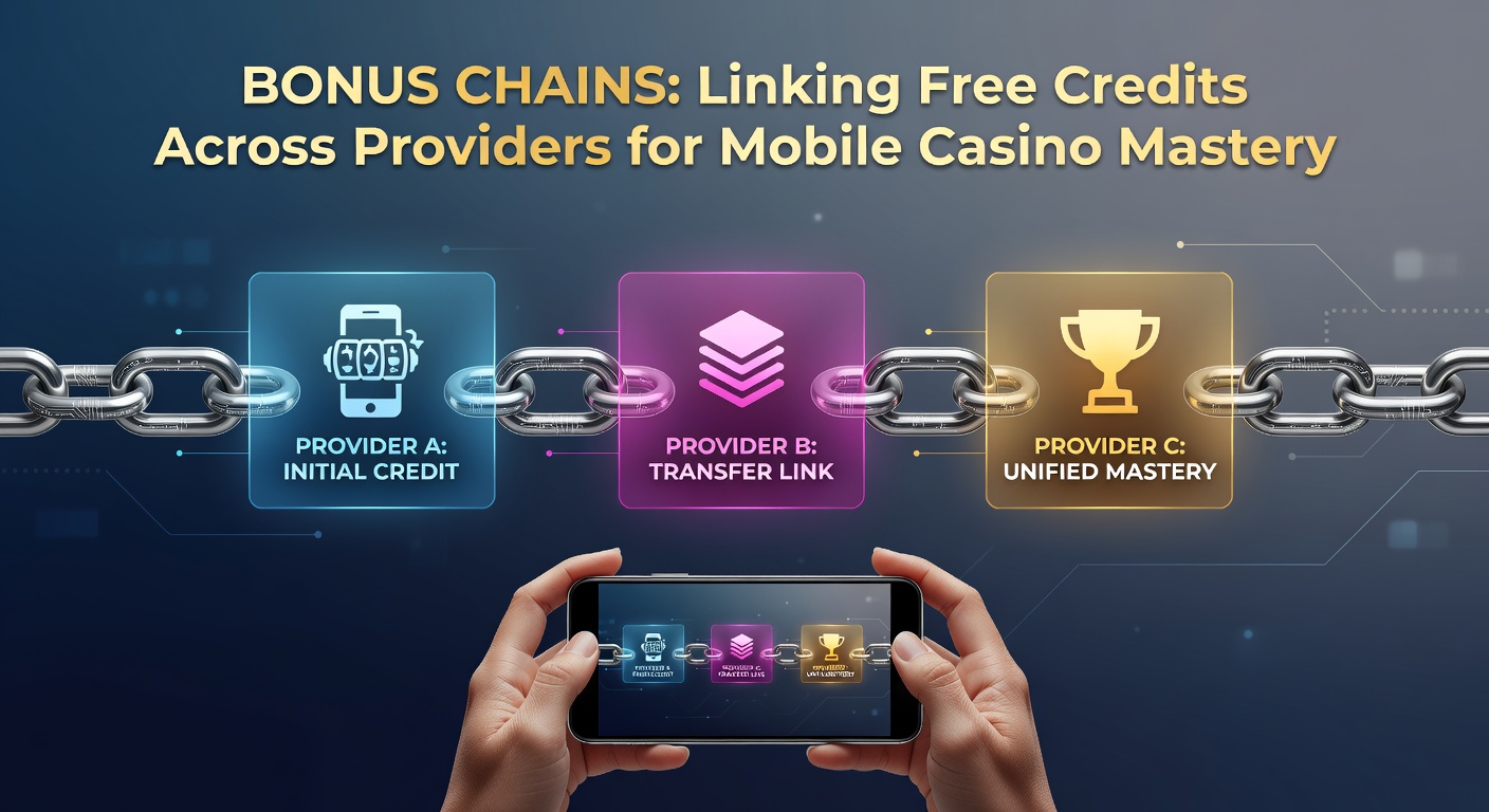 Digital graphic showing interconnected chains linking bonus icons from various mobile casino apps, symbolizing free credit transfers across providers