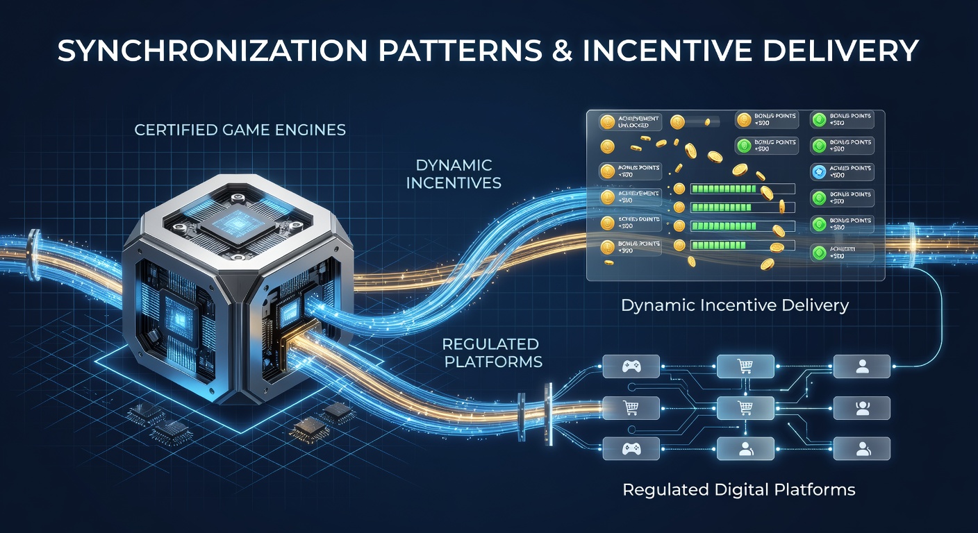 Diagram illustrating data flows between certified game engines and incentive delivery systems on regulated platforms