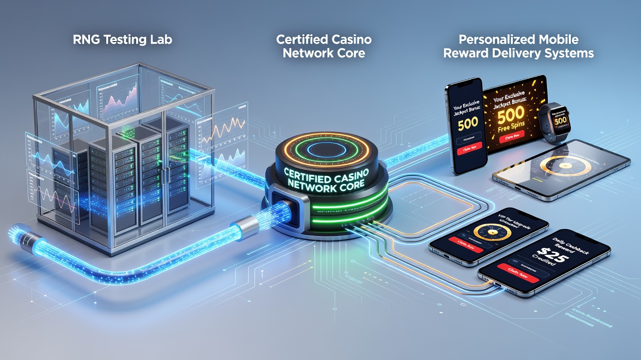 RNG testing laboratory with certified equipment and technicians analyzing random number generator outputs