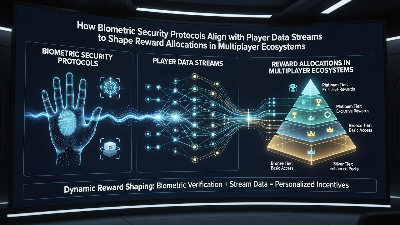 Secure data flow diagrams showing biometric verification points connected to reward allocation servers