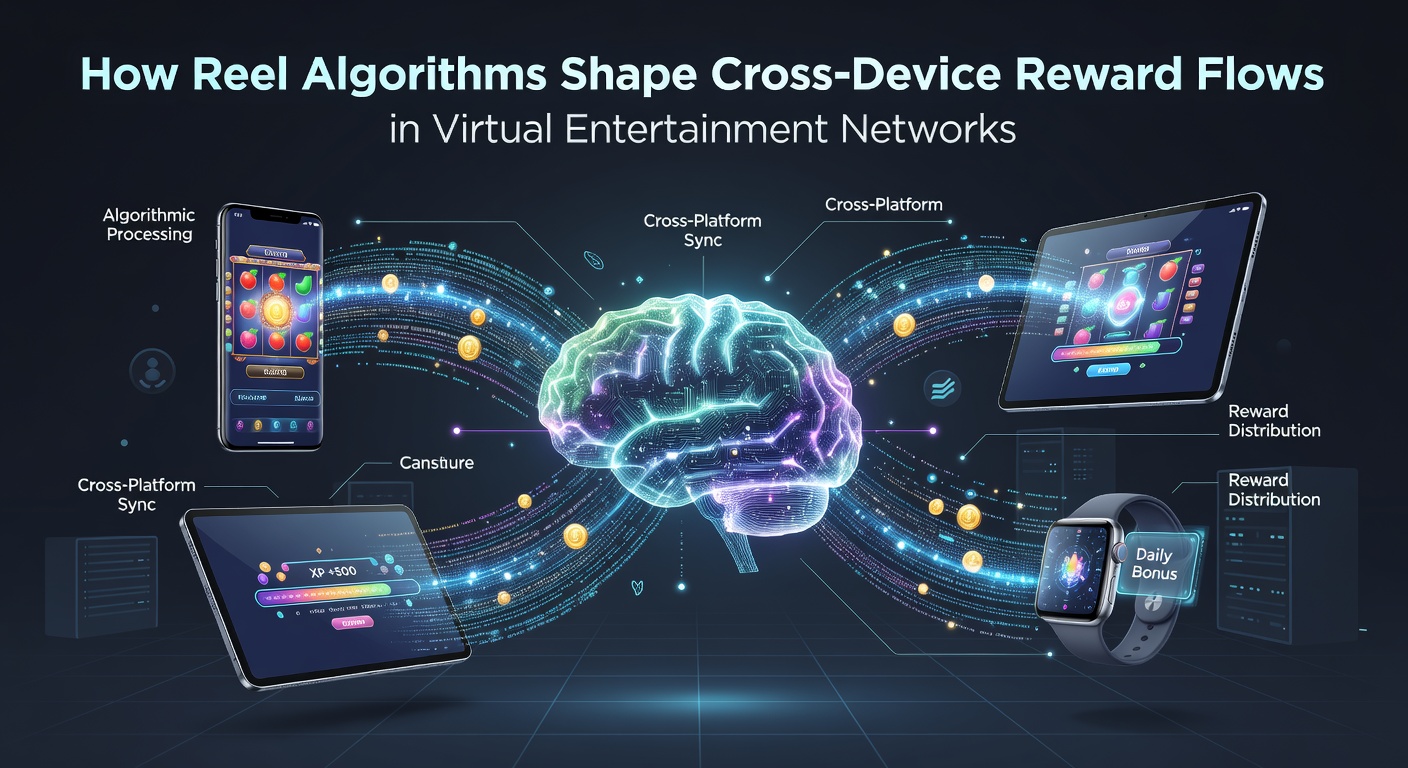 Visualization of reel algorithms syncing rewards across mobile, tablet, and desktop interfaces in virtual gaming networks