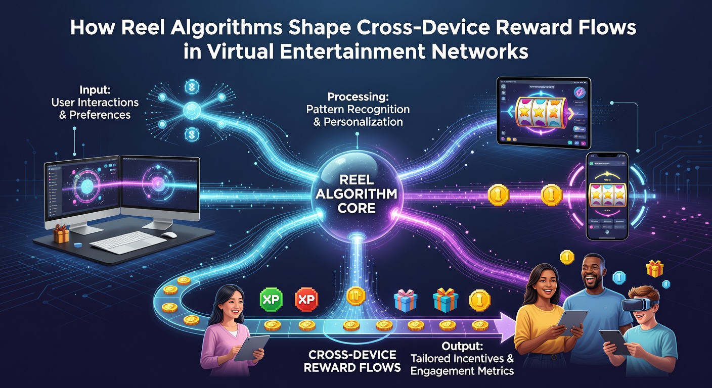Diagram illustrating reward data flowing between smartphone, laptop, and smart TV interfaces within virtual entertainment ecosystems