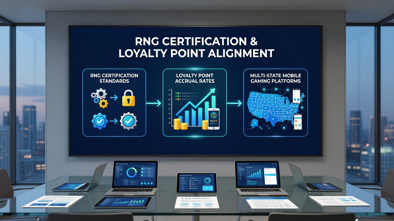 Illustration of multi-state mobile gaming data flow between RNG servers and loyalty databases
