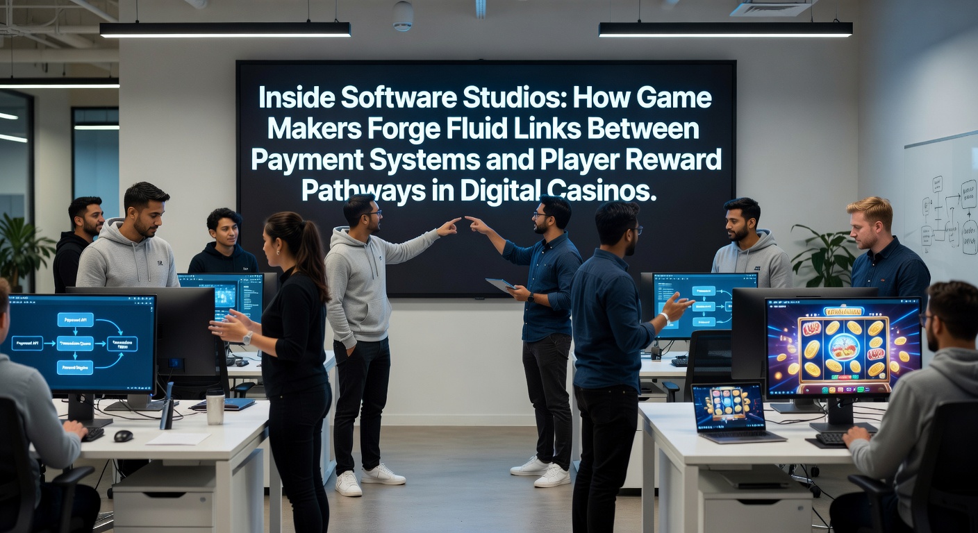 Software developers in a studio collaborating on payment integration systems for digital casino platforms