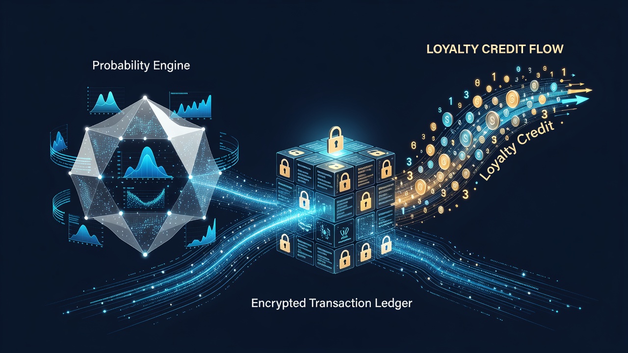Illustration of data flow between mobile app interfaces, probability modules, and secure ledgers for loyalty rewards
