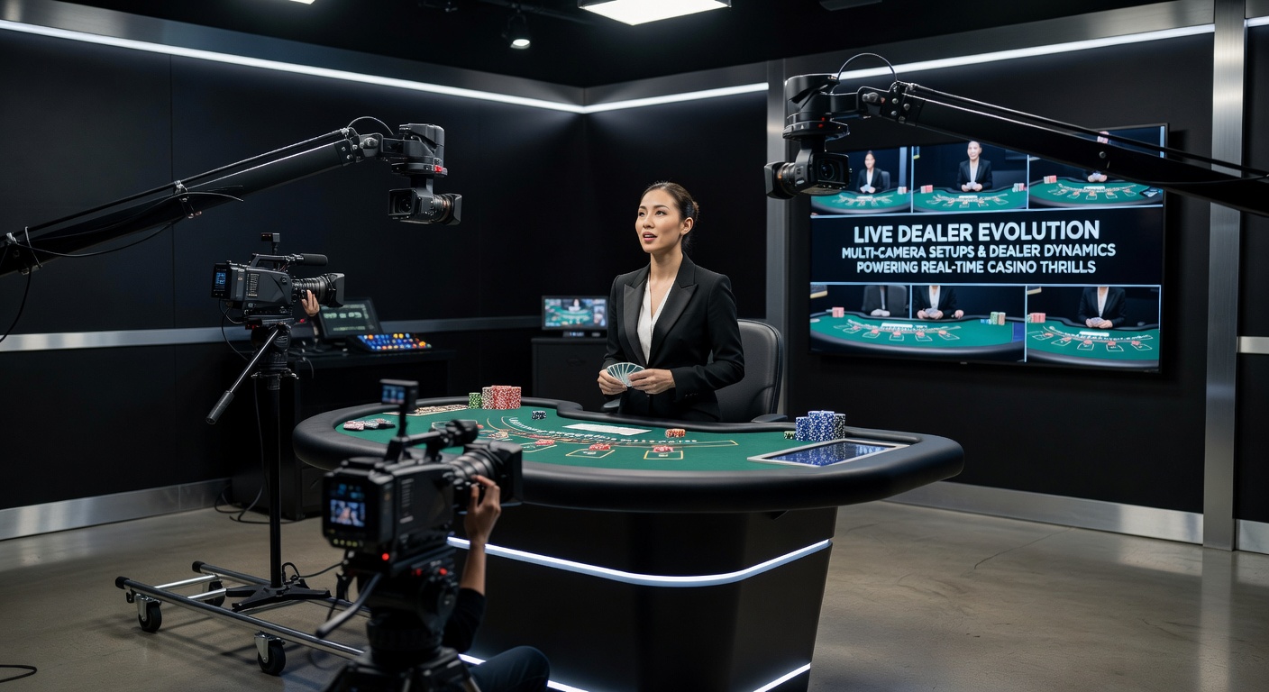 Dynamic multi-camera live dealer studio capturing roulette action from multiple angles, with dealer interacting seamlessly