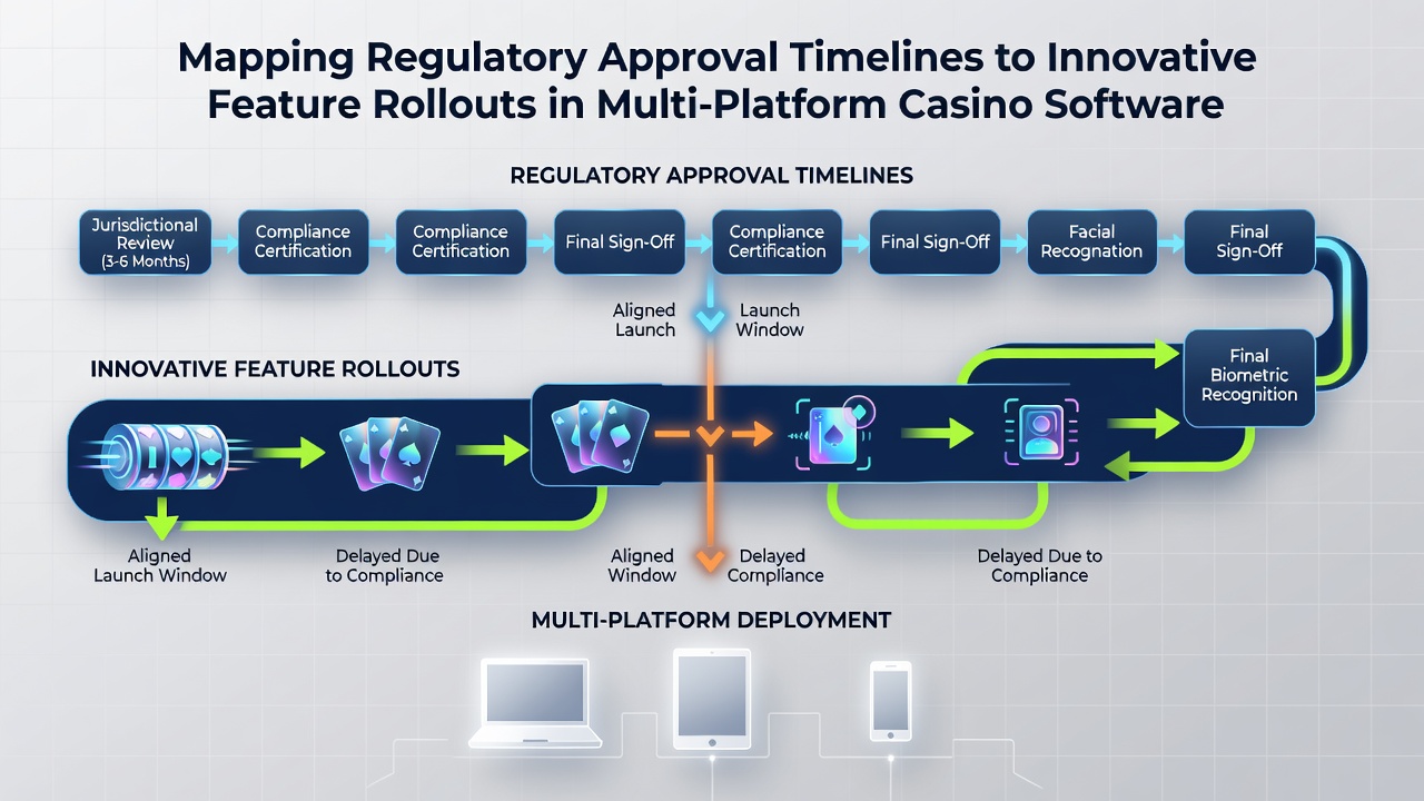 Casino software development team reviewing approval documents alongside multi-device testing screens