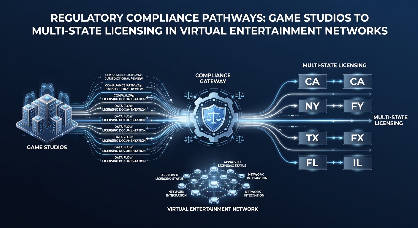 Game studio teams reviewing multi-state licensing documents and compliance frameworks on digital interfaces