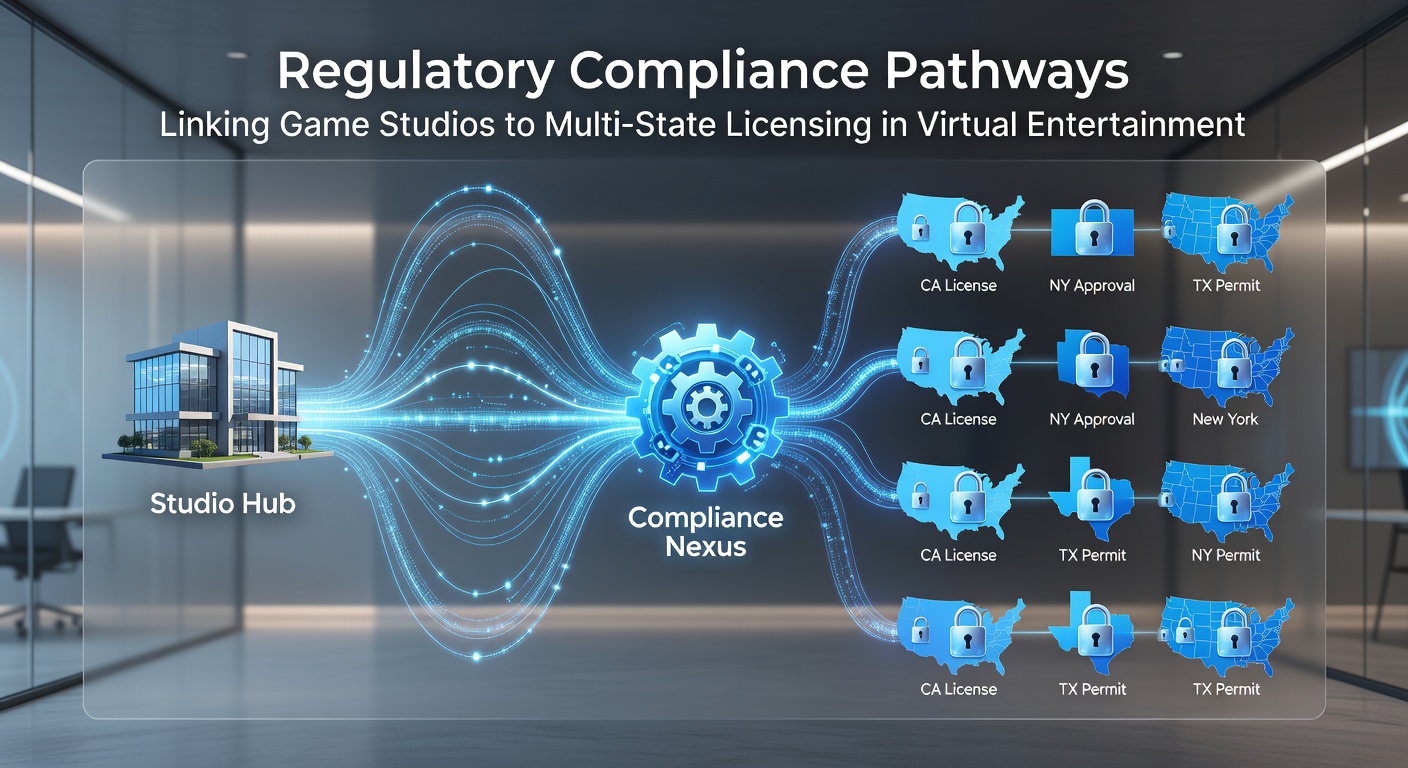 Digital network diagram showing connections between game studios, state regulators, and virtual entertainment platforms