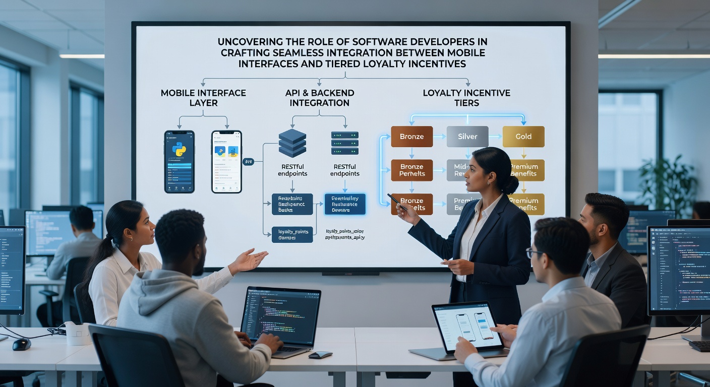 Software developers collaborating on code for mobile app interfaces integrated with loyalty tier systems